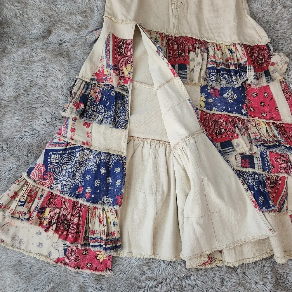 Free‎ People Harvest Moon Maxi Skirt Tiered Ruffle Denim Skirt Women's Size 30